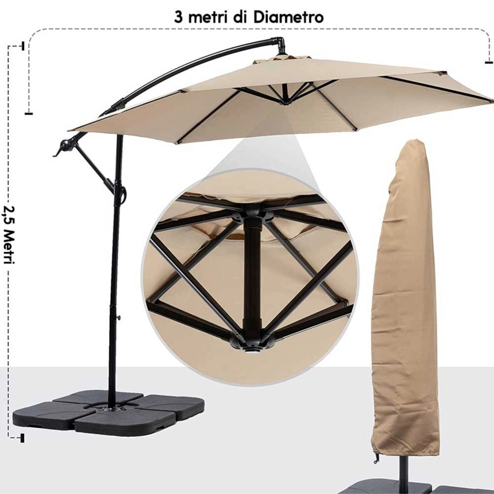Trade Shop - Ombrellone Giardino Decentrato 3x3 Con Pendente Palo Alluminio Gazebo Antivento - Verde