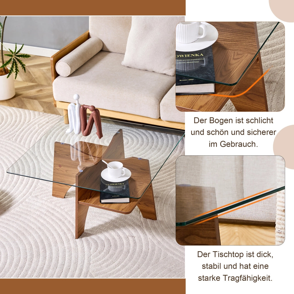 TAVOLINO Quadrato 80x80x40 cm Vetro temperato e MDF effetto noce