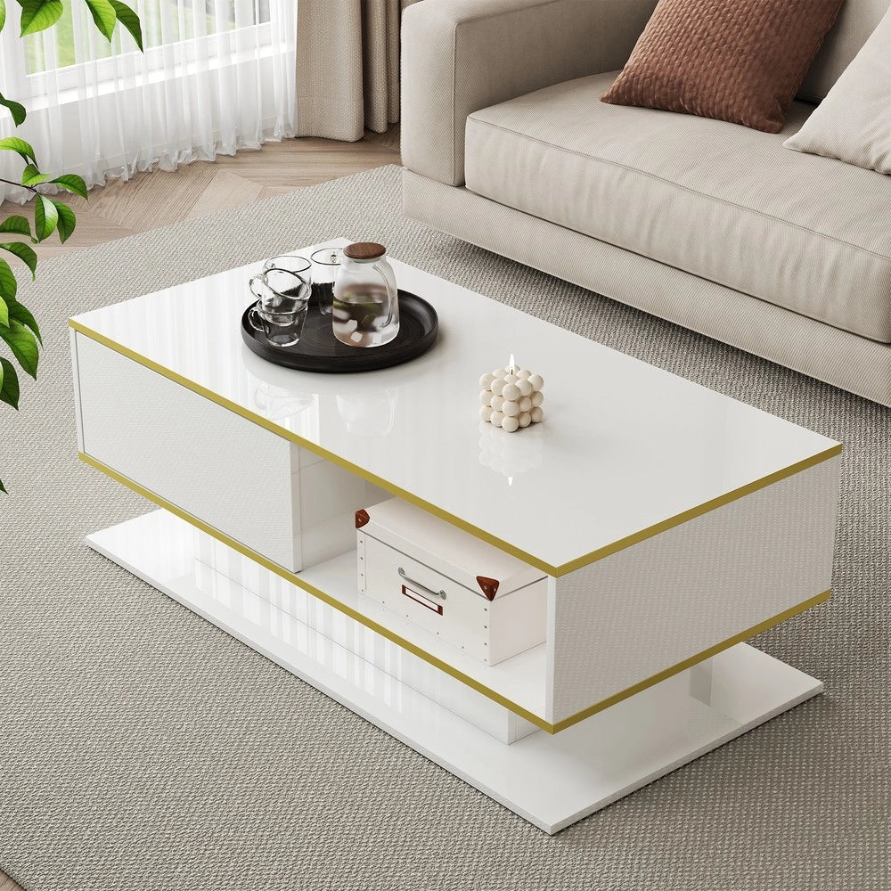Tavolino da Caff¨¨ LED con Cassetti ¨C MINIMAL ¨C Lucido Oro, USB, 100 cm