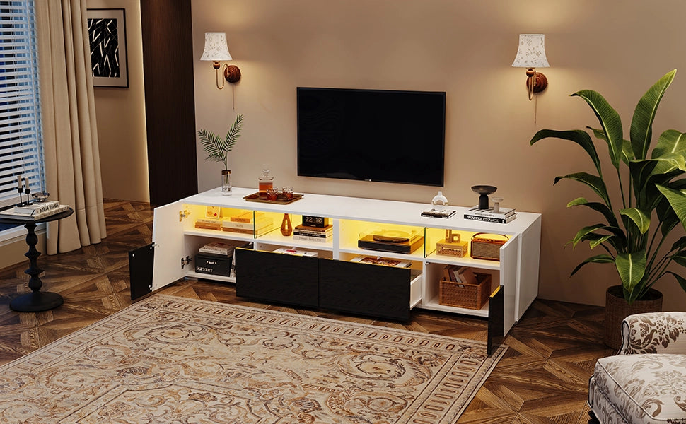 Mobile TV stand bianco e nero in MDF e vetro; lunghezza 180 cm