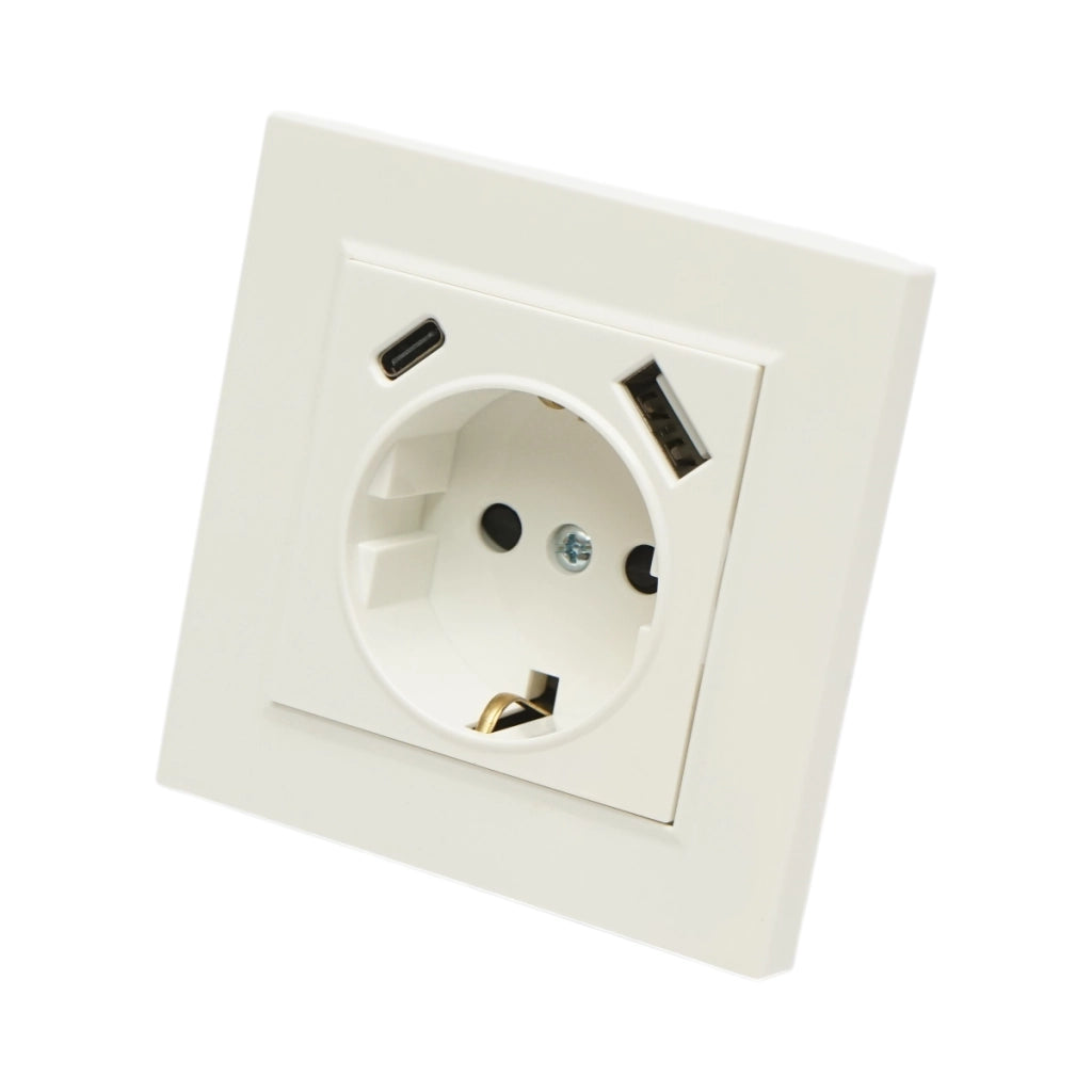 Presa Schuko da incasso bianca 220V, 16A, 2xUSB A+C 5V 2.1A, ABS 80x80mm
