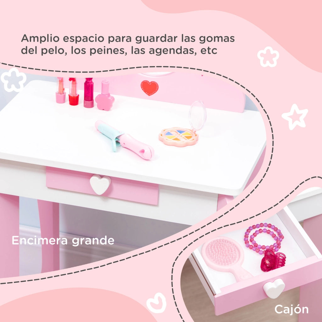 Centro di Bellezza per Bambini con Specchio e Sgabello ¨C Minimal ¨C Rosa 50x36,5x89,5cm