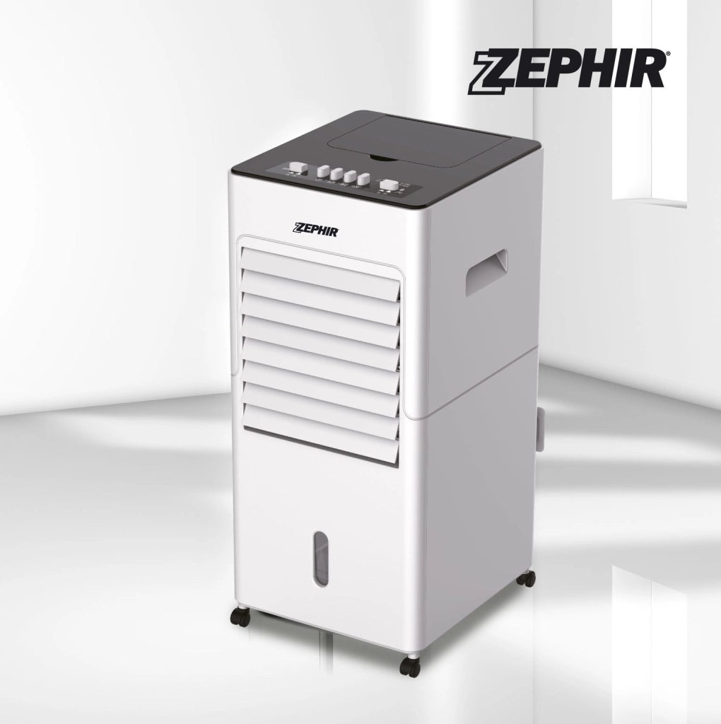 Zephir, Raffrescatore ad Acqua, Tanica 6L, 3 Velocità, Utilizzo con Acqua e/o Ghiaccio, Alette di Oscillazione Automatica, 2 Mattonelle Refrigeranti Incluse, Potenza 80W