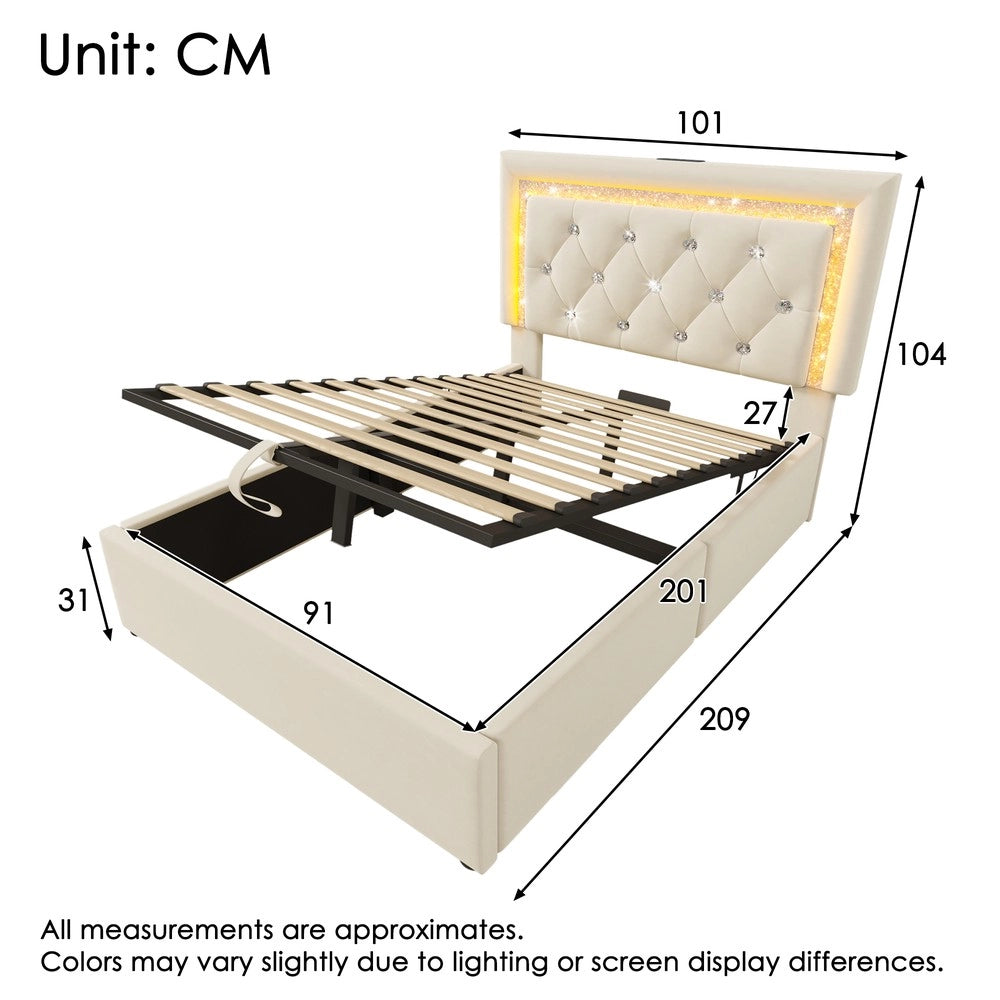 Letto Imbottito Singolo con Contenitore Idraulico e LED ¨C MINIMAL ¨C Velluto Beige 90x200