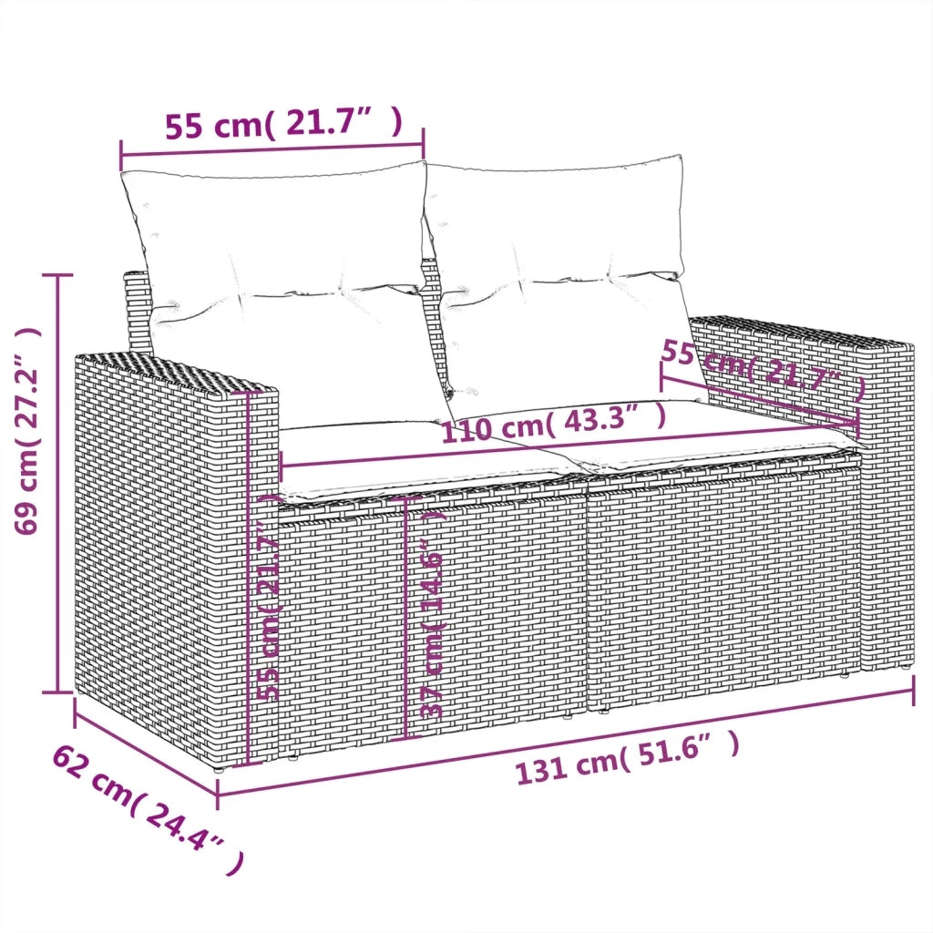 Divano da giardino con cuscini 2 posti nero in polyrattan 365971