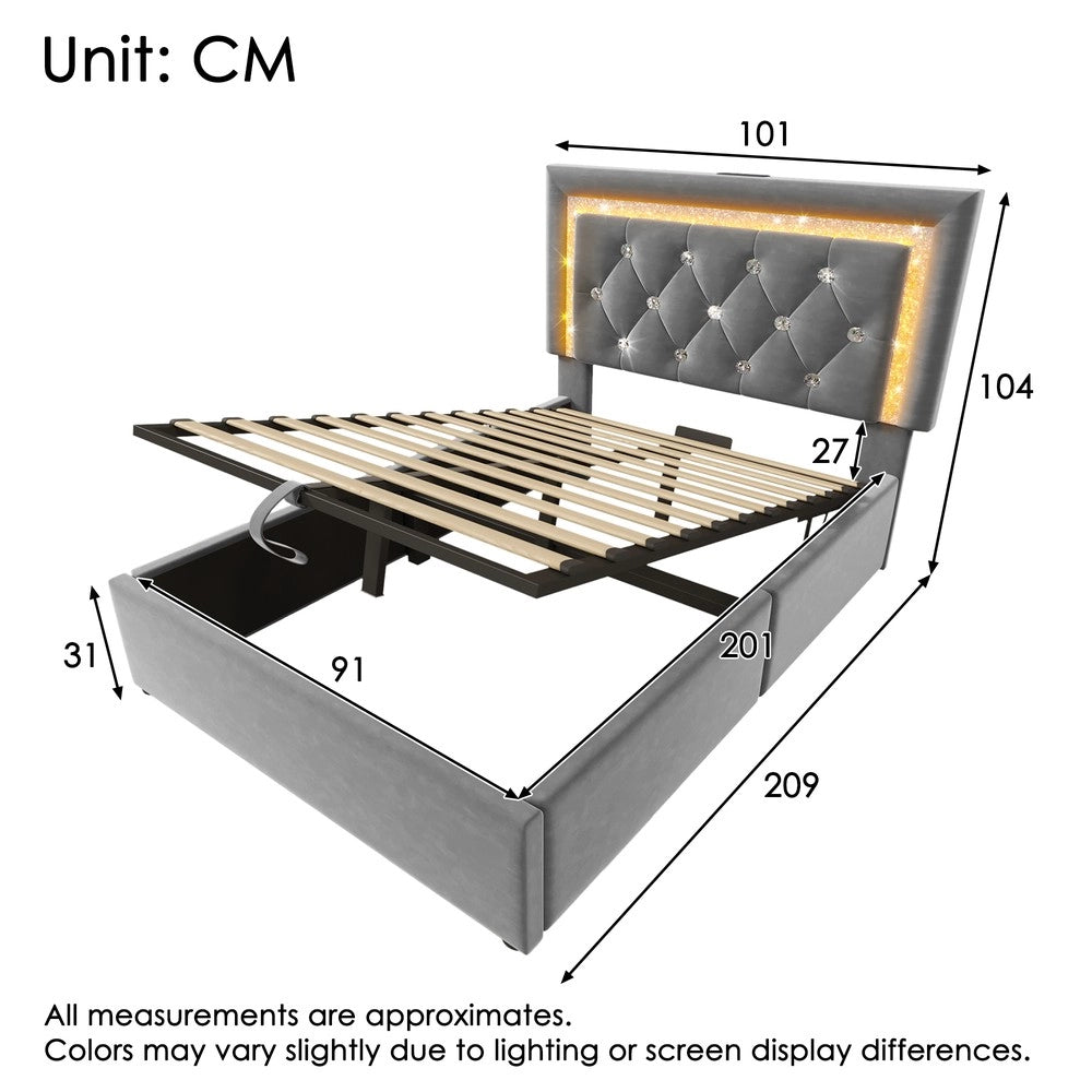Letto Imbottito Singolo con Contenitore Idraulico e LED ¨C MINIMAL ¨C Velluto Grigio 90x200