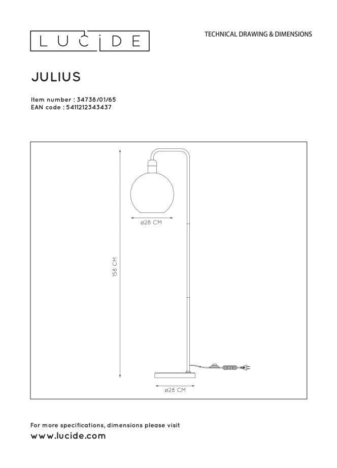 Lucide JULIUS lampada da terra nera oro E27 25W 158cm
