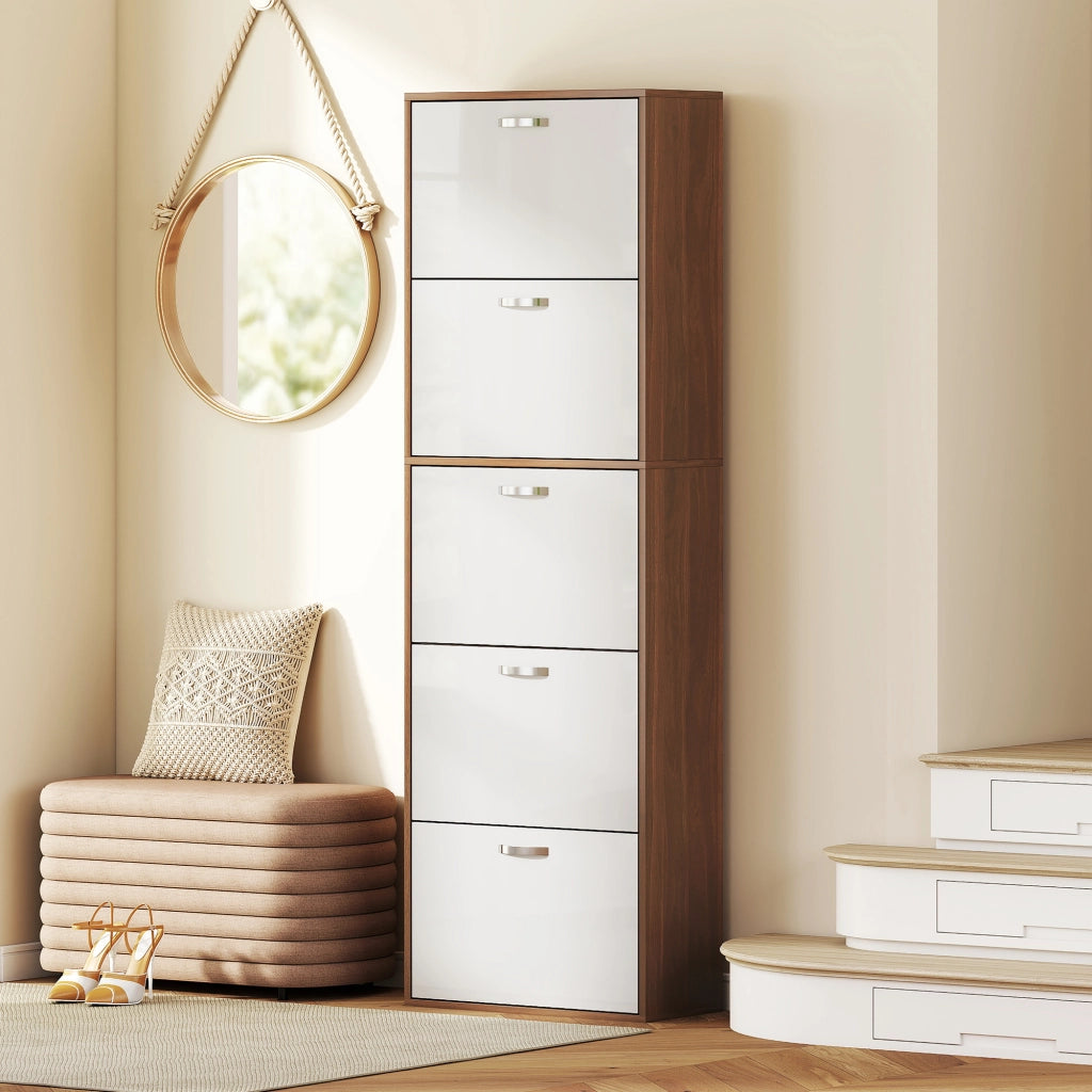 Armadio per Scarpe 5 Ante ¨C Minimal ¨C Bianco e Marrone
