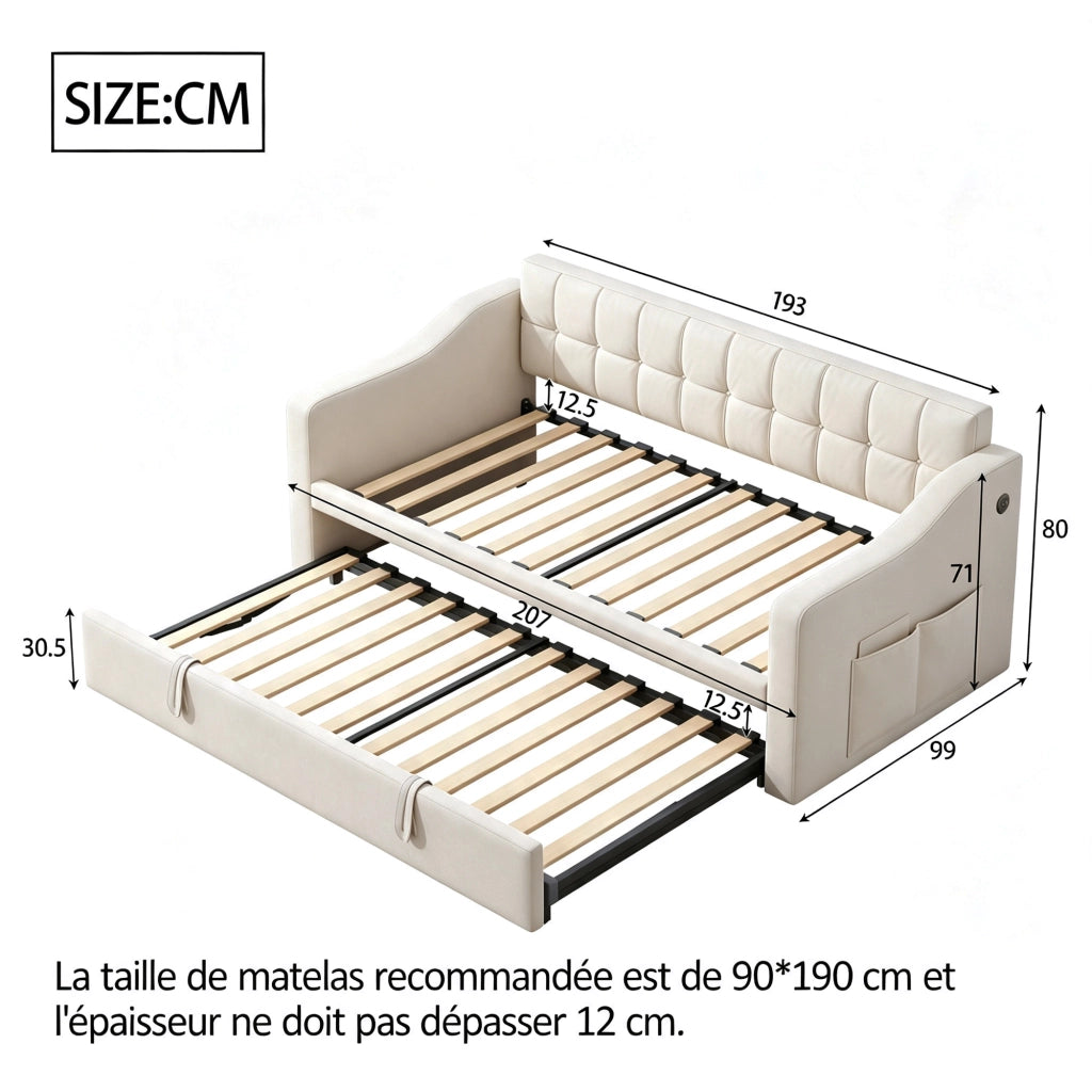 letto divano imbottito velluto beige 90 x 190 cm