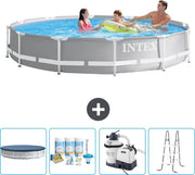 Piscina in Rete Rond a Canna - 366 x 76 cm - Grigio - Inclusa Copertura - Kit di Manutenzione - Pompaggio Piscina - Scala