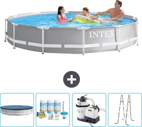 Piscina in Rete Rond a Canna - 366 x 76 cm - Grigio - Inclusa Copertura - Kit di Manutenzione - Pompaggio Piscina - Scala