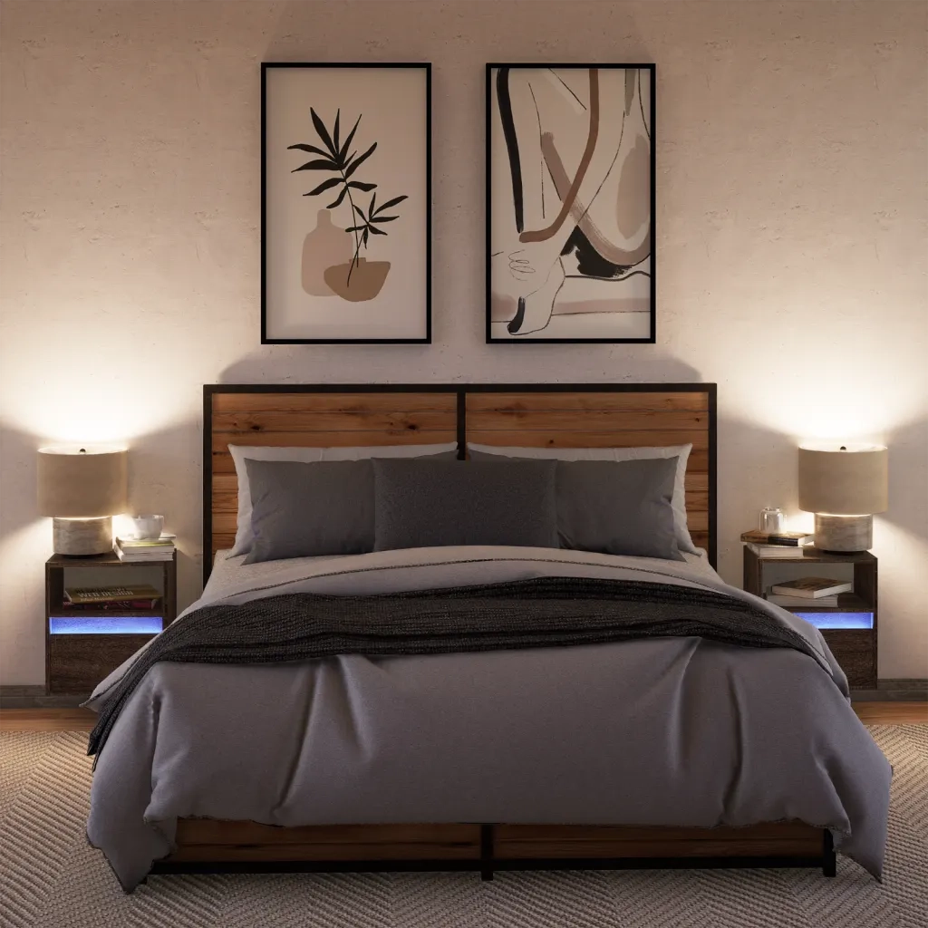 Comodini a Parete con luci LED 2 pz Rovere Marrone 3307988