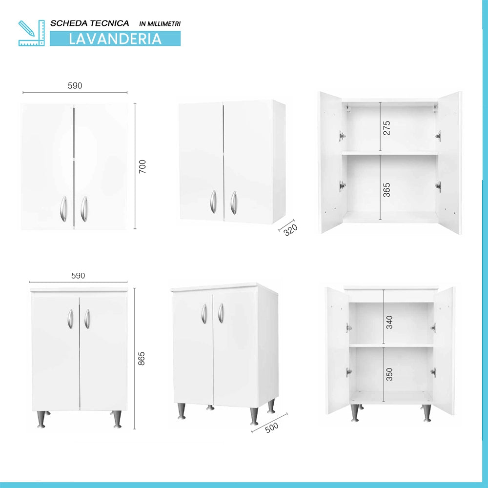 Set lavanderia con lavatoio base e pensile in legno bianco Fedra