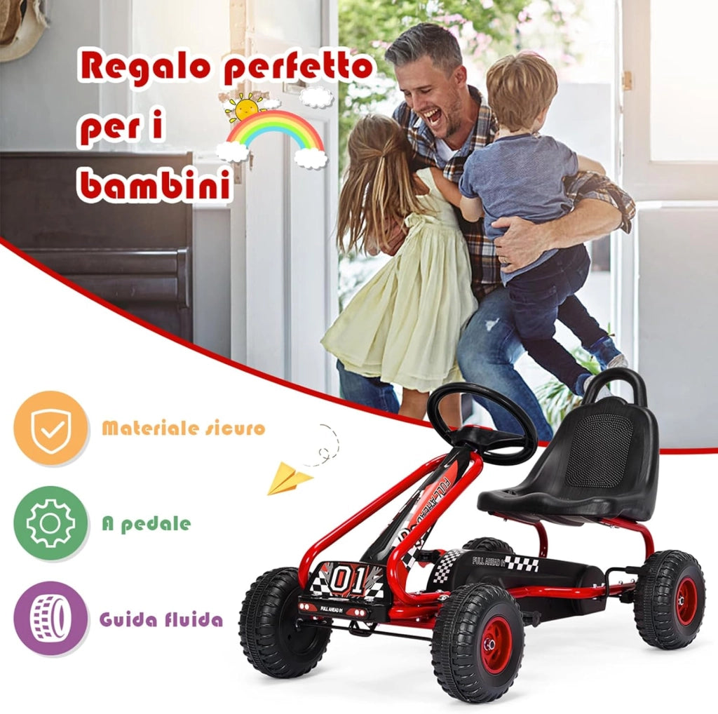 Go Kart a Pedali per Bambini, Go Kart Veicolo con Sedile Regolabile e Freno a Mano, per Bambini 3-6 Anni, Portata Massima 30 kg (Rosso)