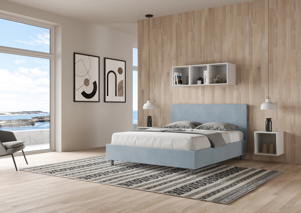 Letto Matrimoniale 160x210 cm con Rete e Contenitore Giroletto con Alzata Comoda Imbottito in Microfibra Adele Azzurro