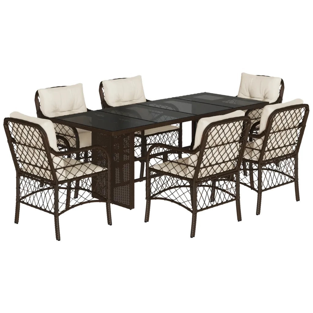 Set da Pranzo da Giardino 7pz con Cuscini in Polyrattan Marrone