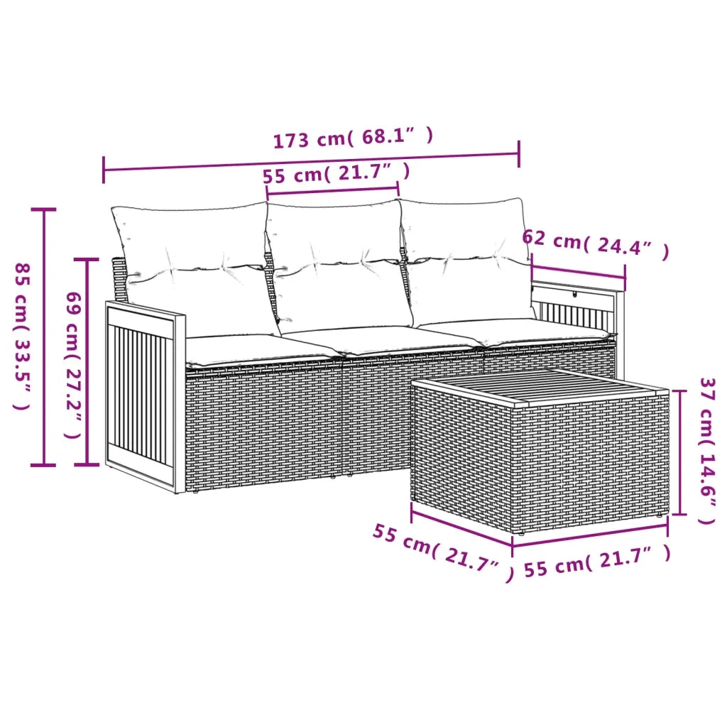 Set Divano da Giardino 4 pz con Cuscini Beige in Polyrattan