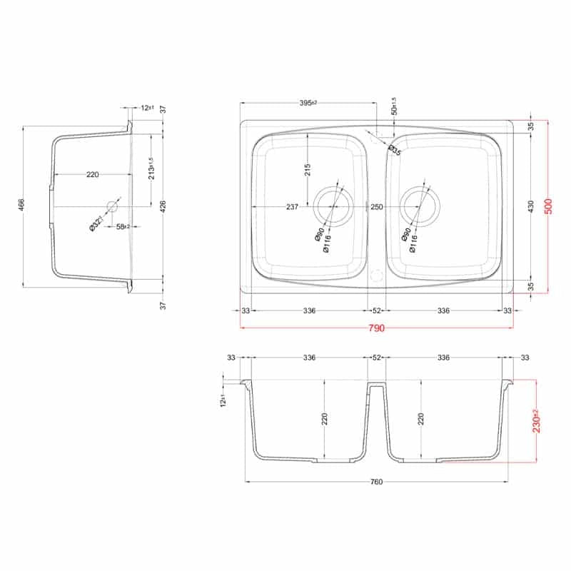 Lavello Elleci Incasso 2 vasche 79x50 Master 350 Granitek Nero LGM35040