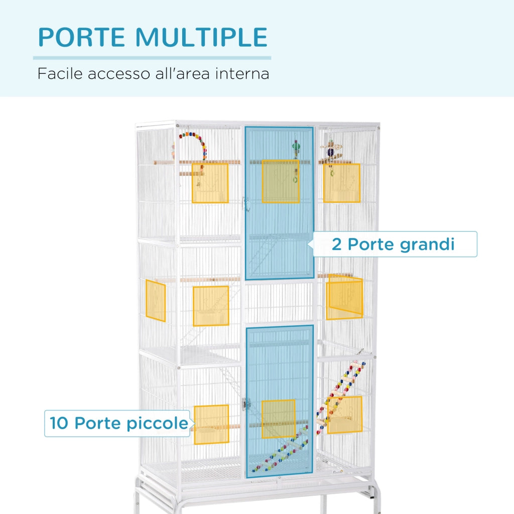 Gabbia per Uccelli ¨C Xylo ¨C Acciaio e PP con Posatoi, Giochi, 83x53x180 cm, Bianco