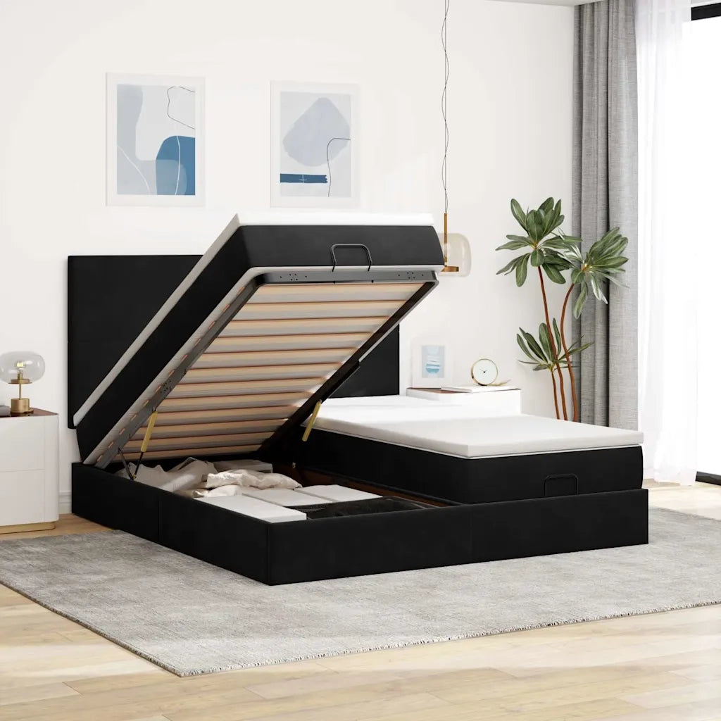 Struttura Letto Pouf con Materassi Nero 180x200 cm in Velluto 3313756