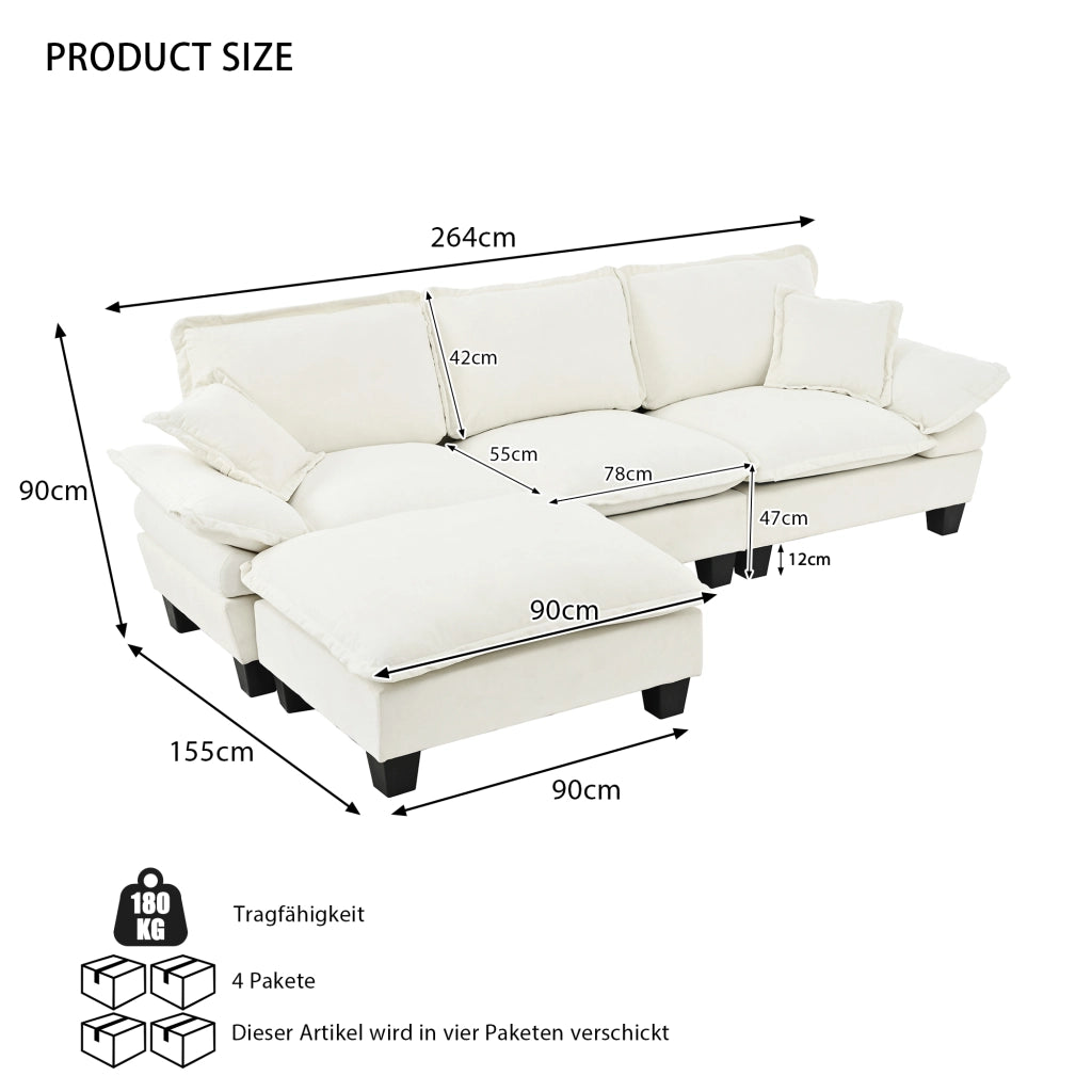 Divano Angolare Modulare con Ottomane ¨C Xylo ¨C Chaise Longue, Tessuto Chenille, Cuscini, Beige
