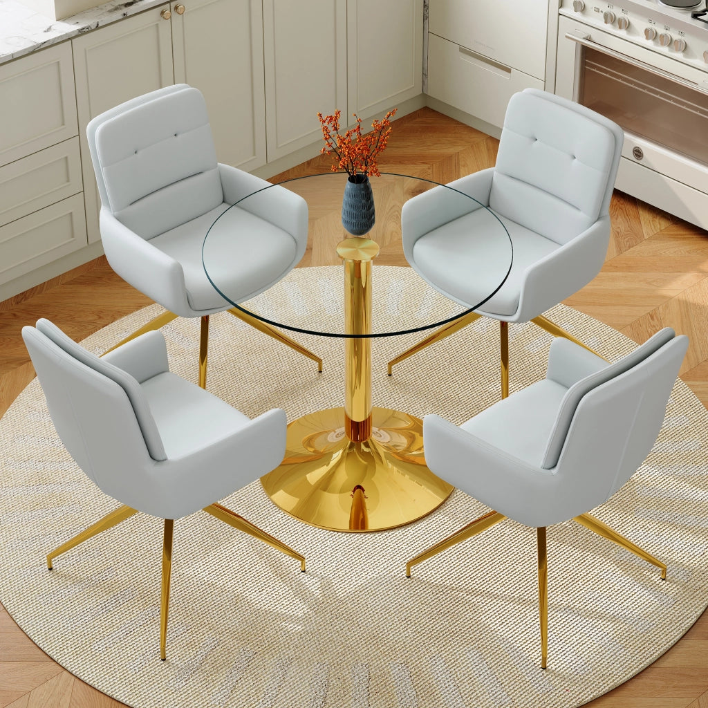 Set tavolo da pranzo e sedie con 1 tavolo rotondo e 4 sedie girevoli; vetro temperato e metallo oro; grigio chiaro