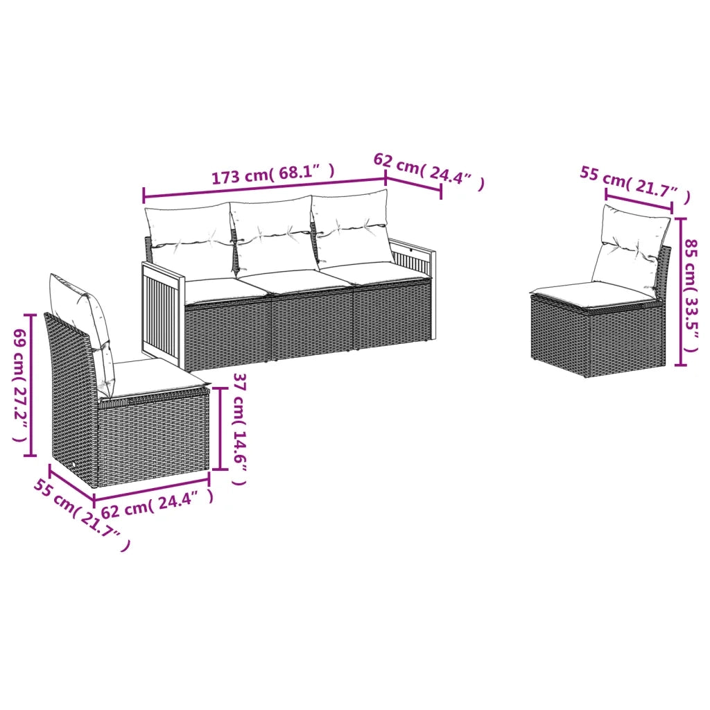 Set Divano da Giardino 5 pz | Set Salotto da Giardino con Cuscini Grigio in Polyrattan