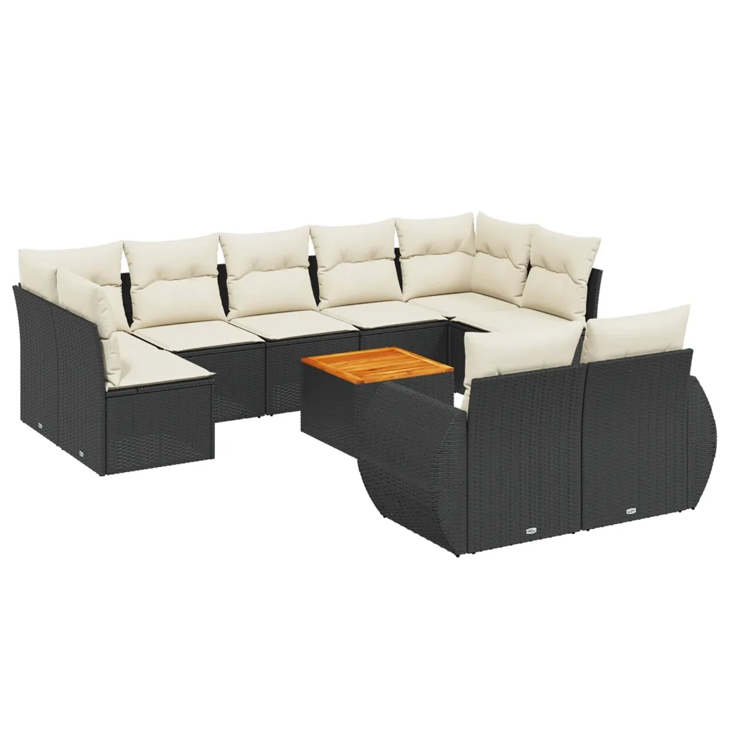 Set Divani da Giardino 10pz con Cuscini in Polyrattan Nero