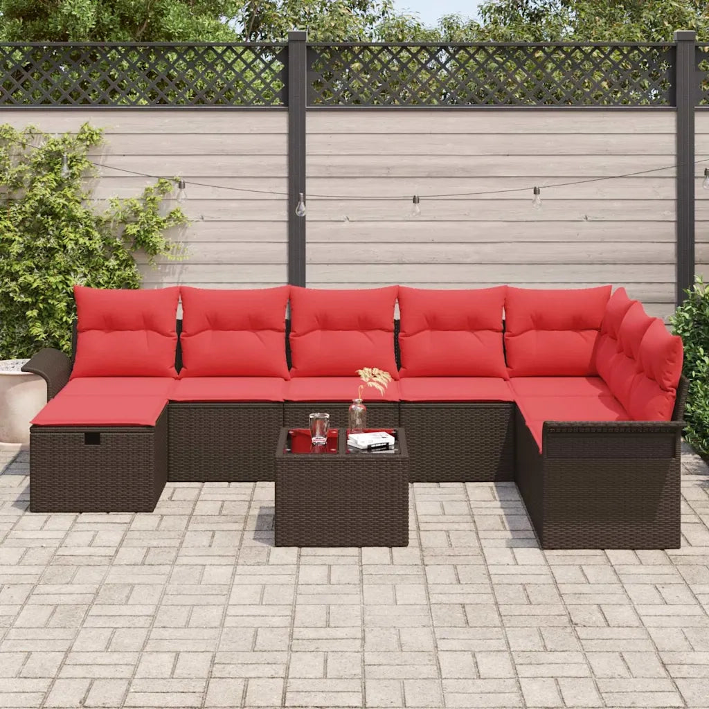 Set Divano da Giardino 9 pcs Marrone e Rosso polyrattan 3358943