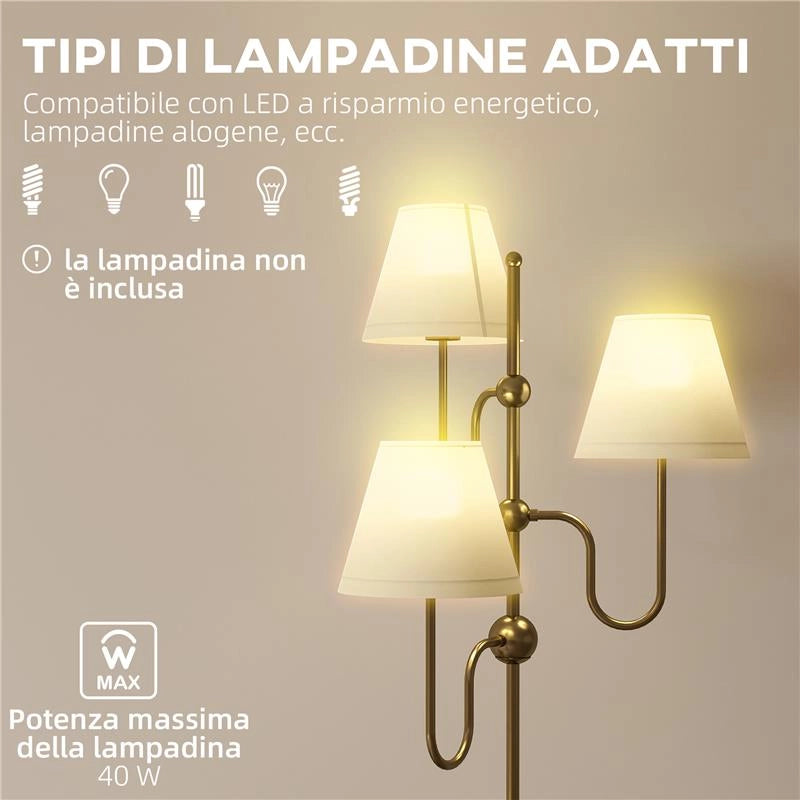 LAMPADA DA TERRA ALTA 165 CM CON 3 PUNTI LUCE E INTERRUTTORE A PEDALE, ATTACCO E27 MAX 40W, ORO