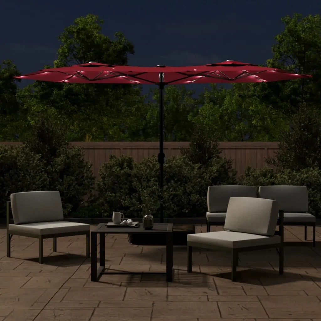 Ombrellone a Doppia Testa con LED-Ombrello da giardino Rosso Bordeaux 316x145 cm