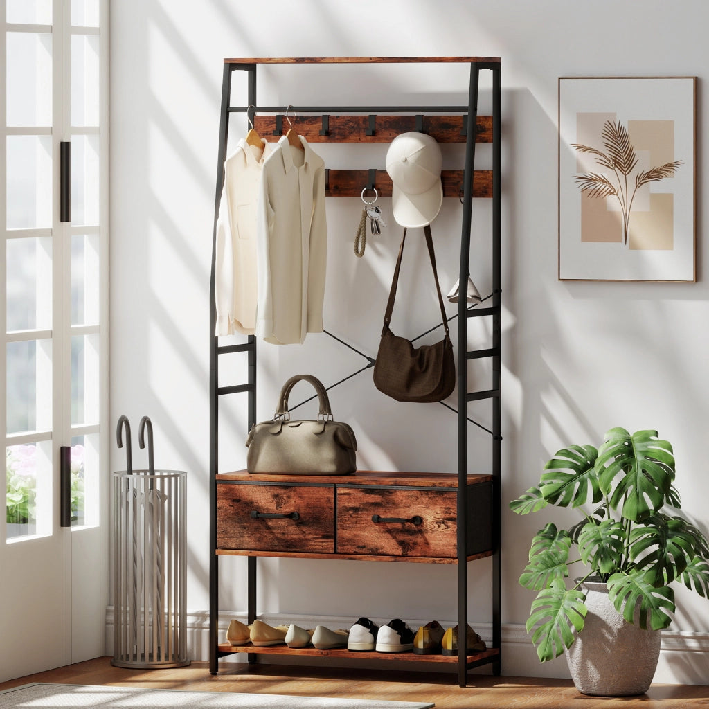 Scarpiera con appendiabiti e panca ¨C Minimal ¨C marrone, metallo, legno