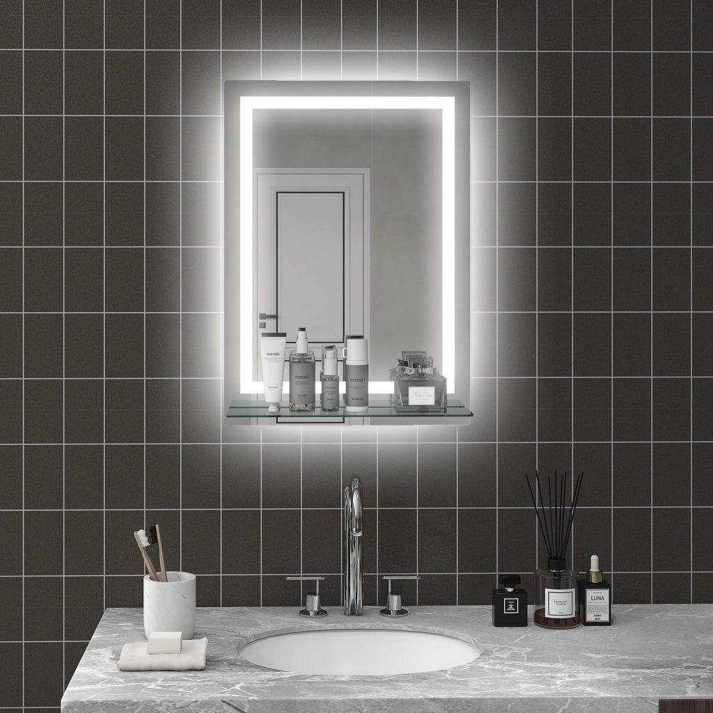 Specchio da Bagno con Luce LED e Ripiano in Vetro ¨C Minimal ¨C 50x70 cm Argento