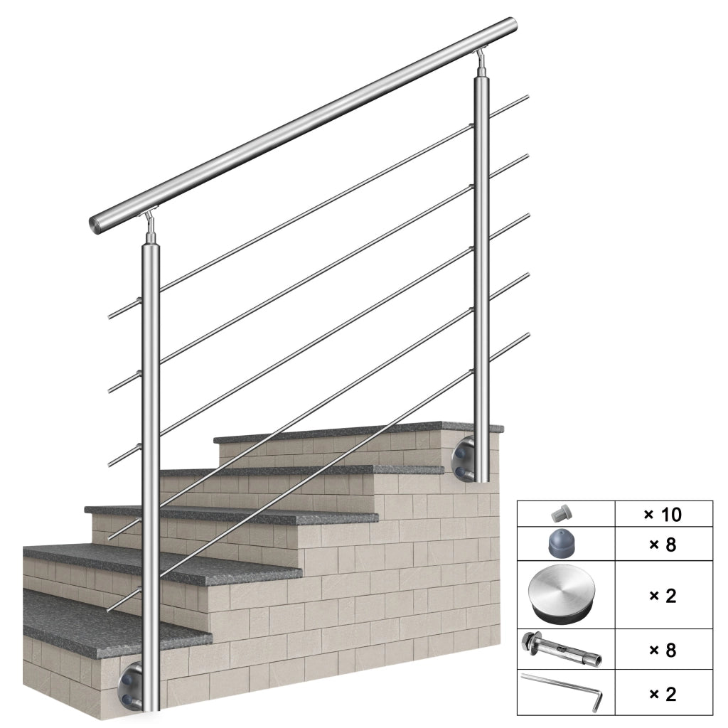 Ringhiera Balaustra Corrimano in acciaio inox 304 spazzolato per scale 150 cm, 5 barre trasversali, fissaggio laterale, per interni ed esterni