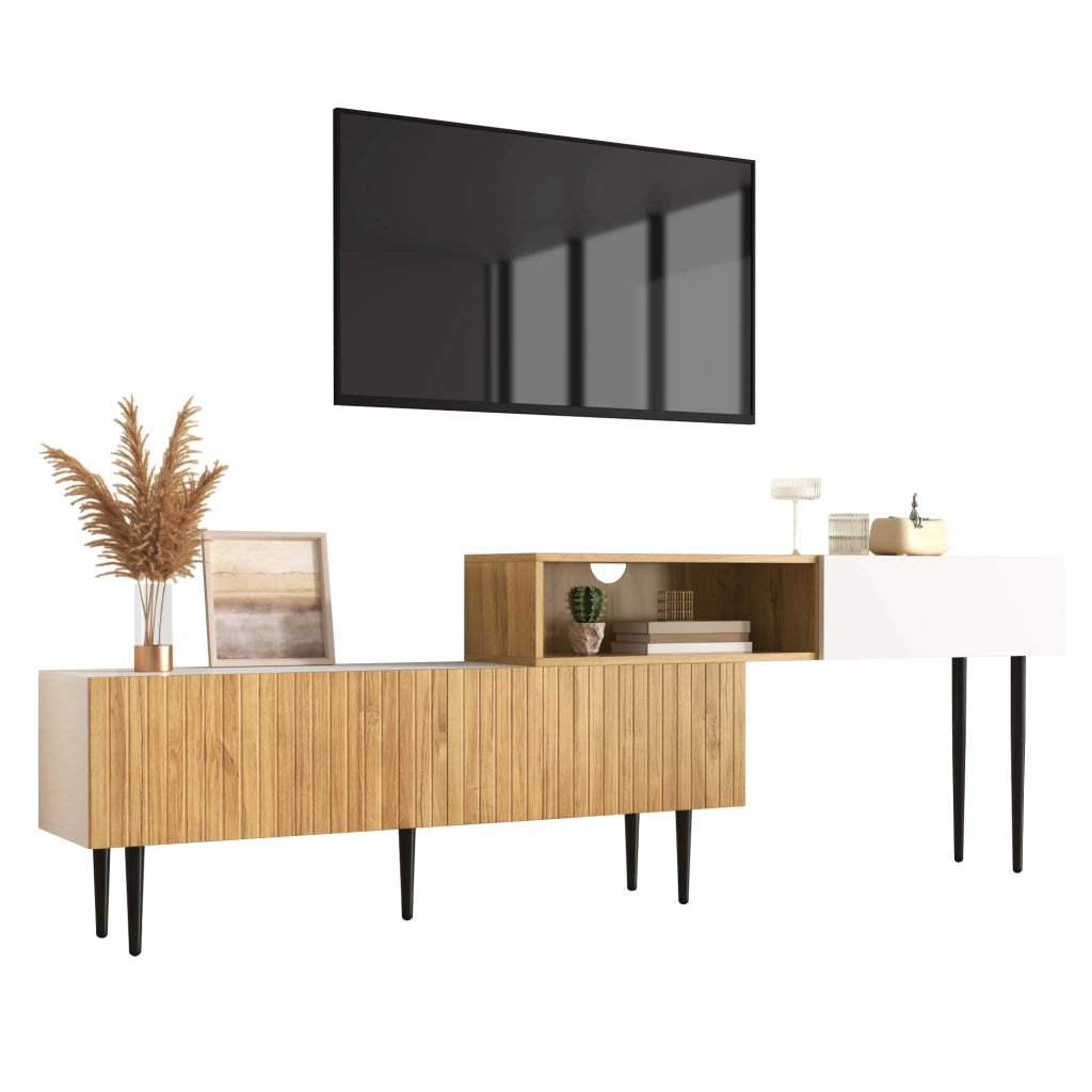 Cassettiera per TV bianca e legno; in MDF e truciolare; lunghezza 240 cm