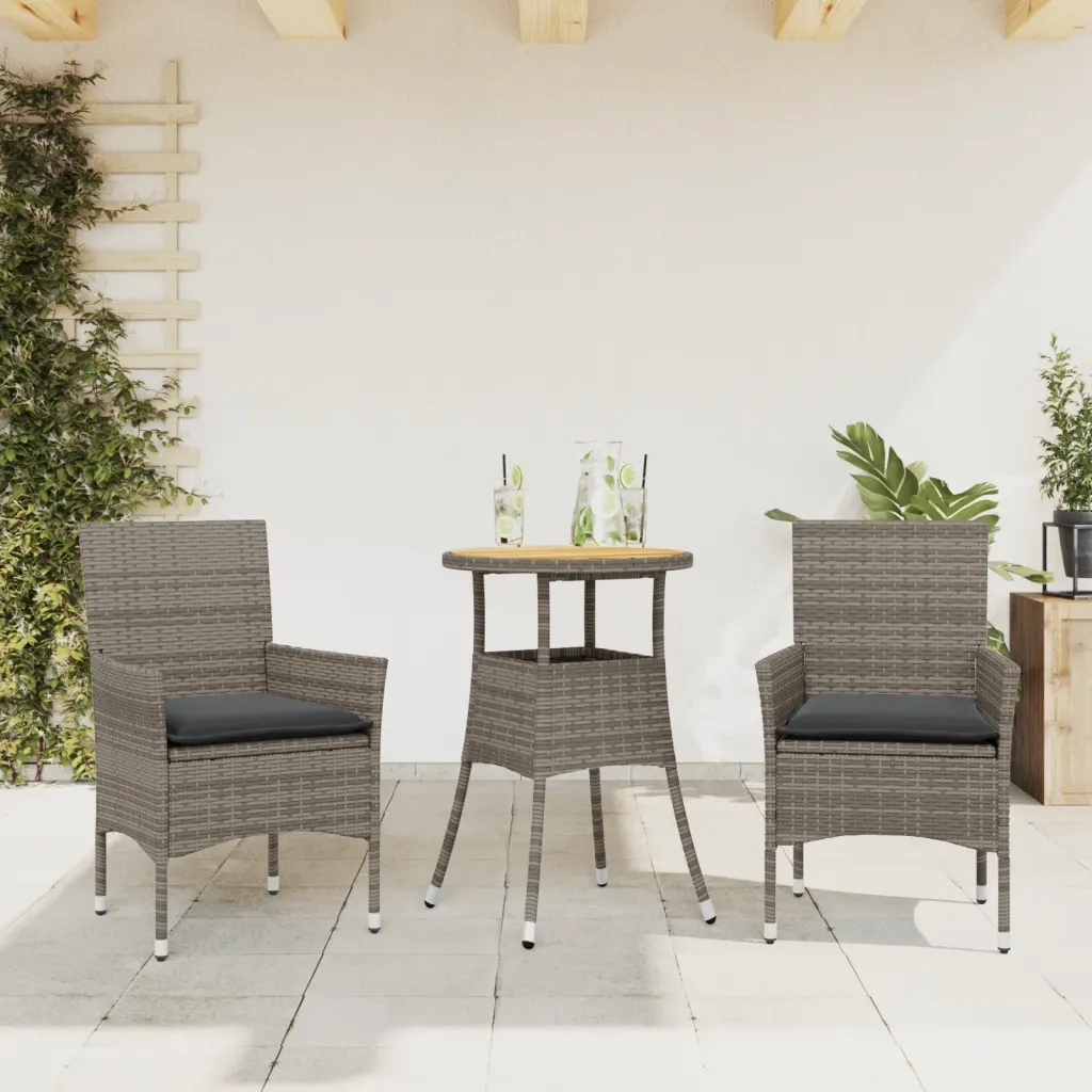 Set Pranzo da Giardino 3pz | Set Salotto da Giardino con Cuscini Polyrattan Acacia Grigio