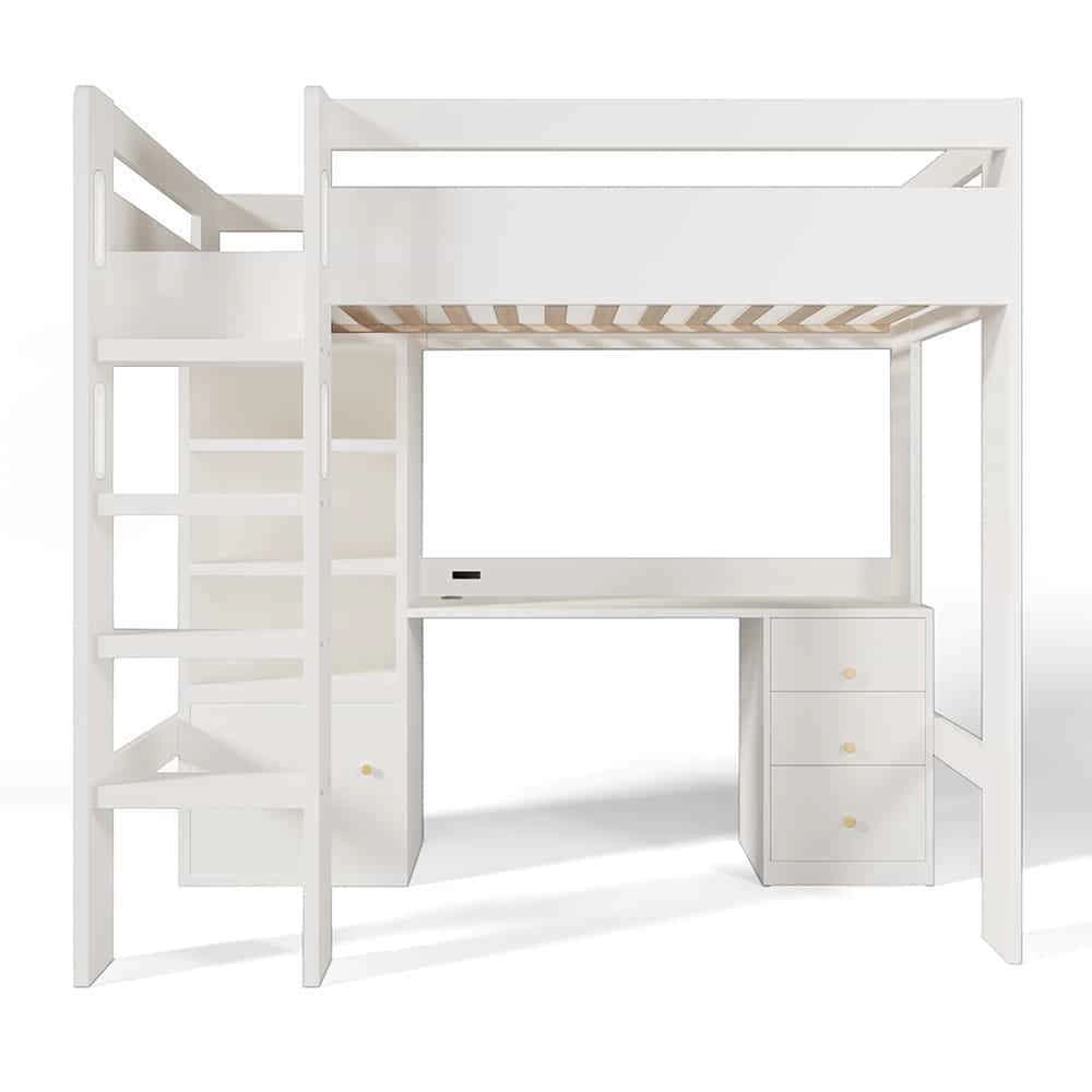 Letto a Soppalco Ragazzi – Xylo – 90x200cm, Scrivania USB-C, Armadio, Schedario, Scala, Doghe, Senza Materasso
