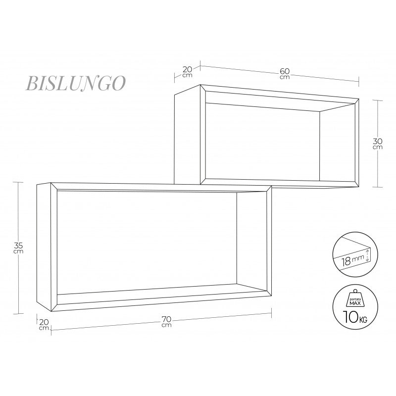 Set di 2 Mensole da Muro, Pensile Bagno, Mensola da Parete, Scaffale da Parete, Rovere Tabacco, 70x35 p20 cm e 60x30 p20 cm - Bis Rettangolo Bislungo