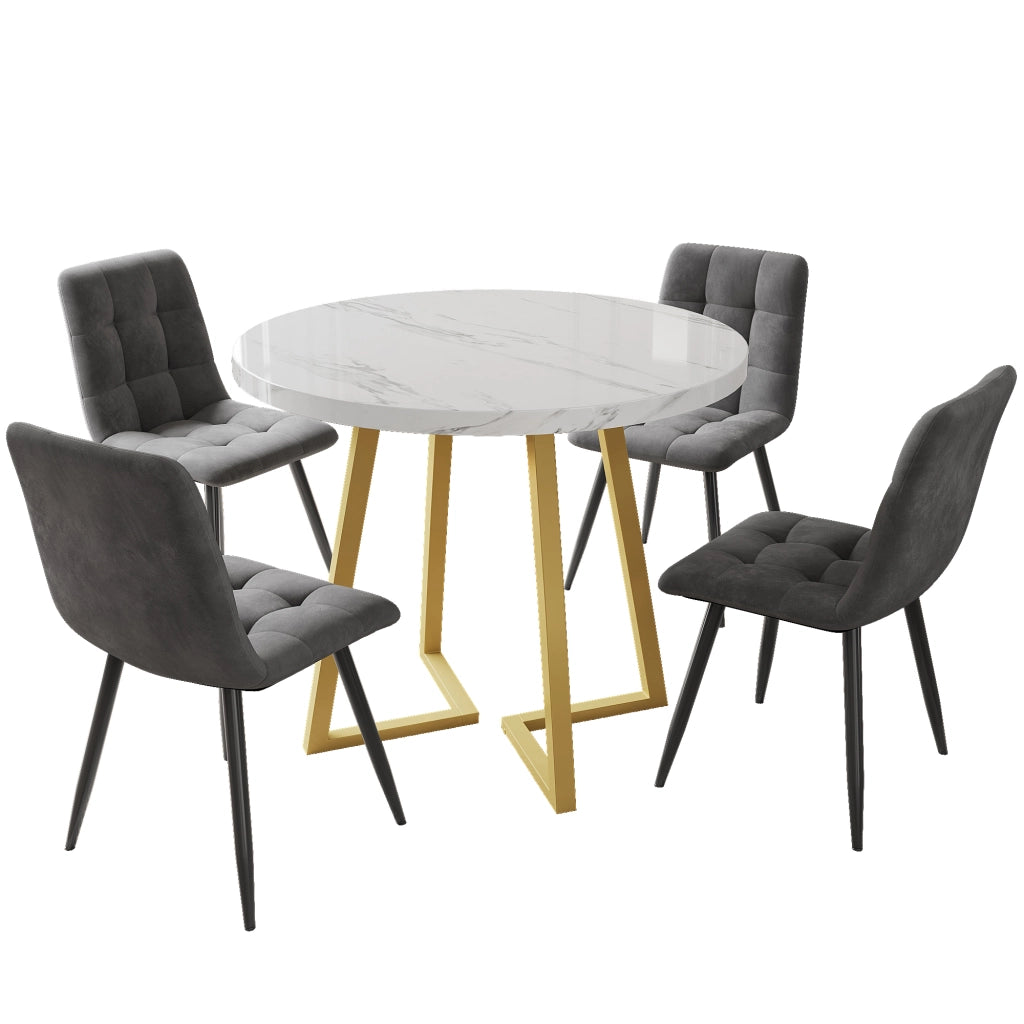 Set Tavolo da Pranzo Rotondo con 4 Sedie ¨C Xylo ¨C Piano MDF Bianco, Gambe Metallo Oro, Velluto Grigio, ?80 cm