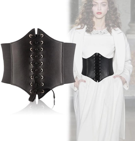 Corsetto in pelle nera - Stile retro - Corsetto cintura - Cinturino elastico - Chiusura a nodo - Materiale di alta qualità - Corsetto