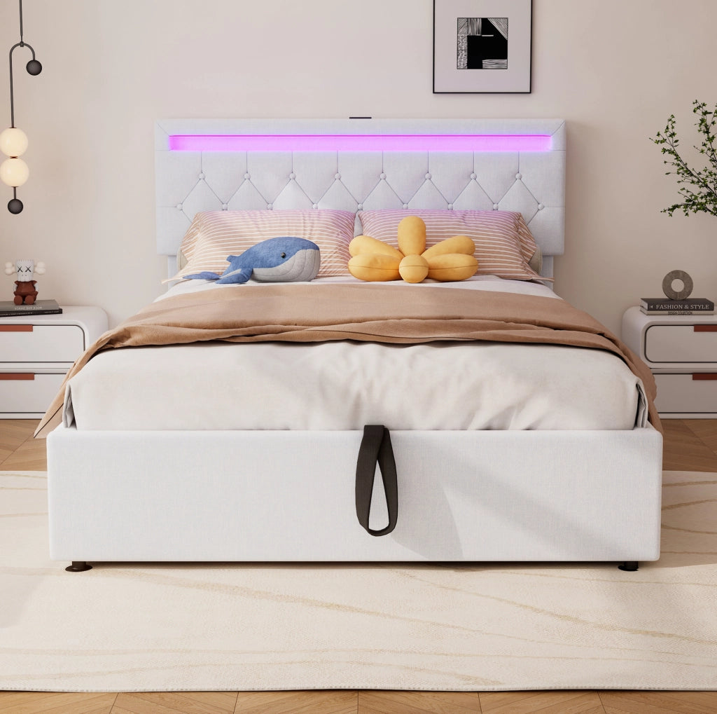 Letto matrimoniale 140x200 cm imbottito con contenitore; LED integrato; porte USB e USB-C; bianco