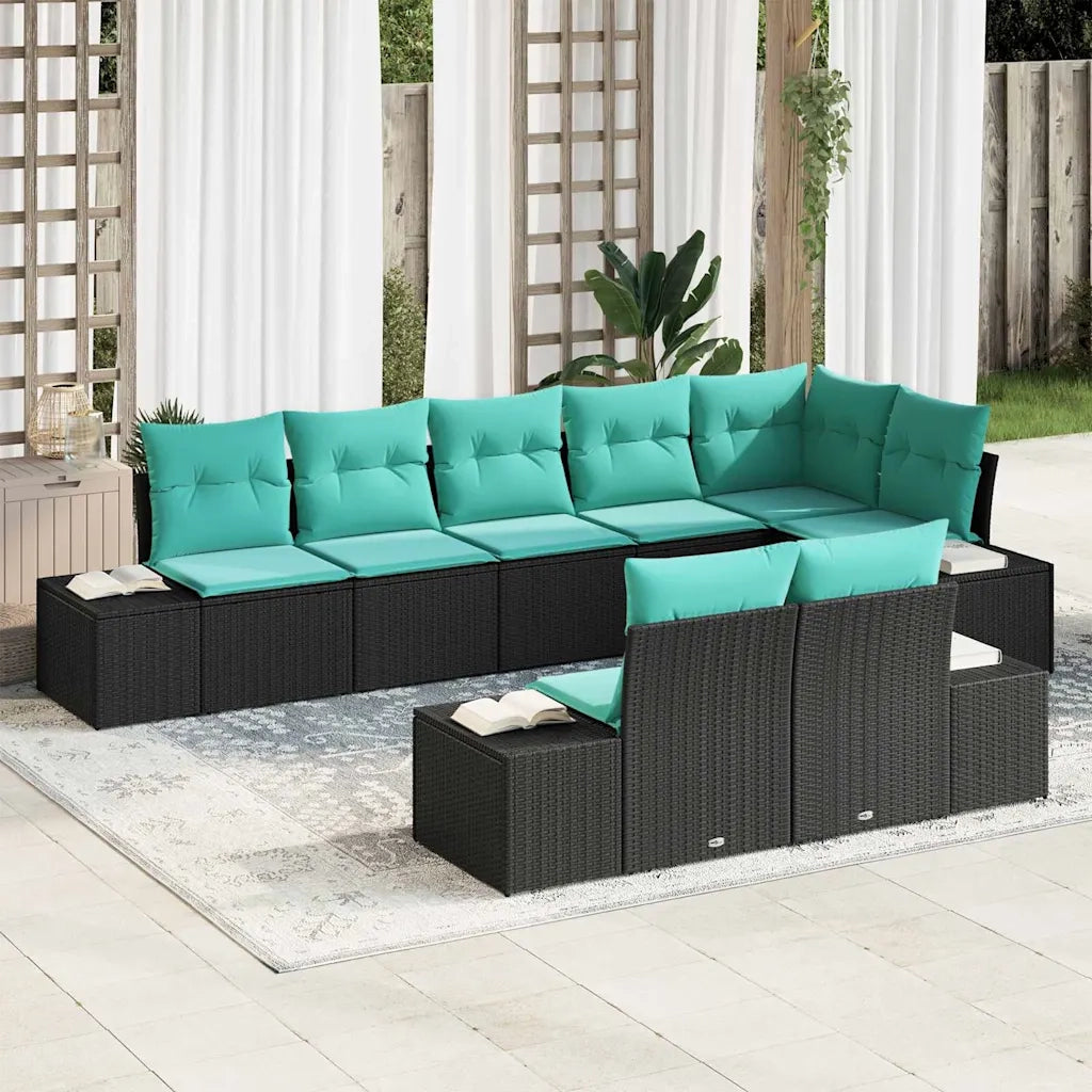 Set Divano da Giardino 8 pz Nero e Turchese Poly Rattan 3355785
