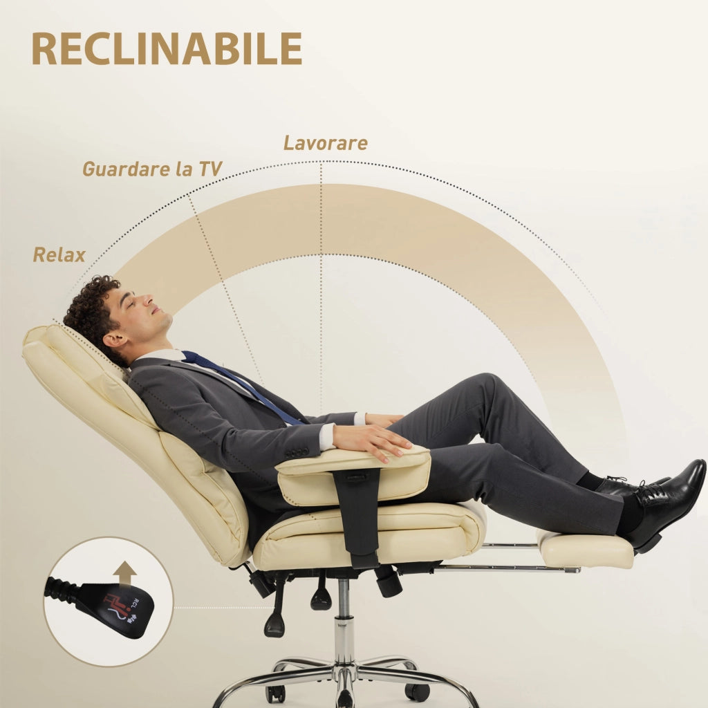 Sedia da Ufficio con Poggiapiedi e Poggiatesta 76x73x117-125 cm in Pelle PU Schiuma e Metallo Bianco Crema