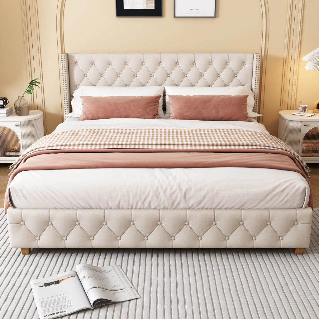 letto imbottito lino beige 160 x 200 cm