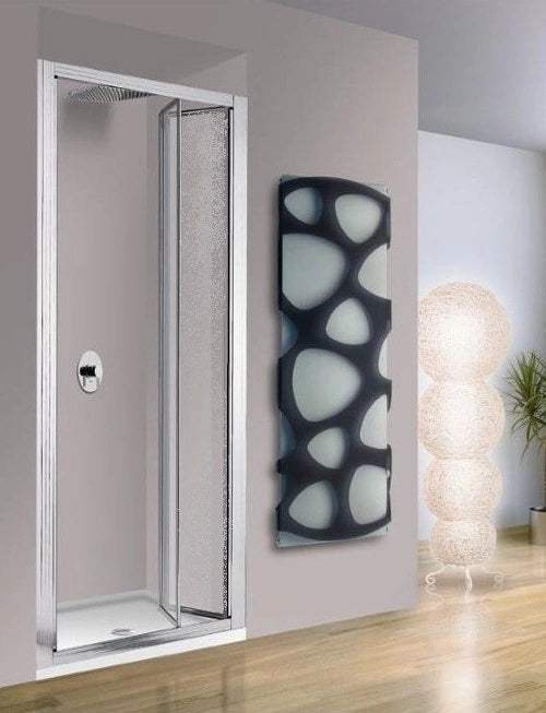 Porta doccia a libro, due ante, alluminio argento, acrilico opaco h185cm Reboa Argento satinato,Acrilico a bolle effetto bagnato opaco,75/80 cm