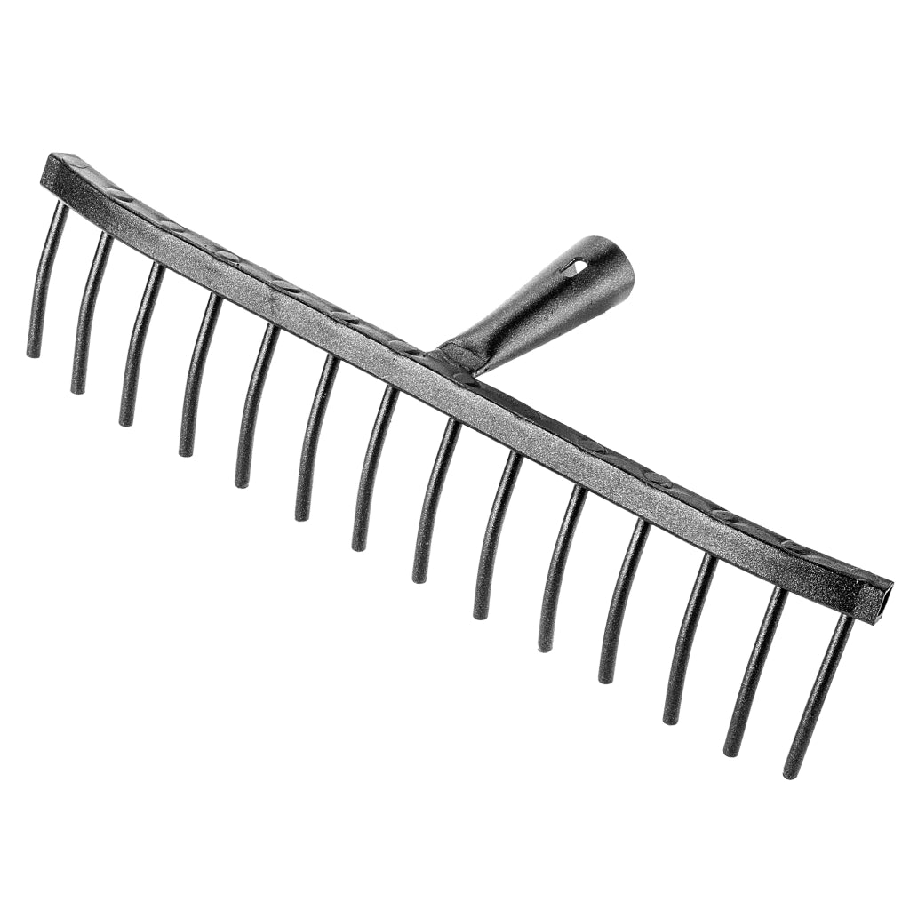 Rastrello da giardino KADAX in acciaio a 14 denti, senza manico.