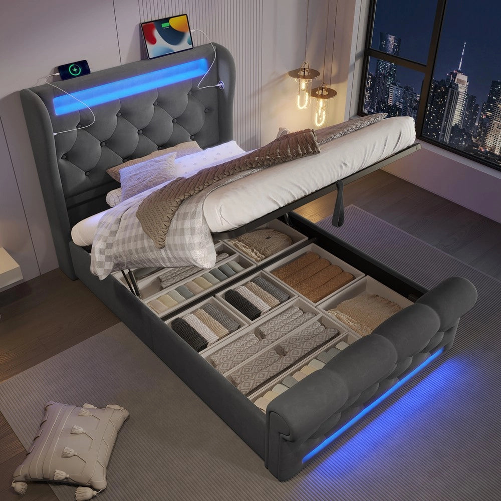 Letto Singolo Imbottito Contenitore con LED ¨C MINIMAL ¨C Grigio Velluto 90x200