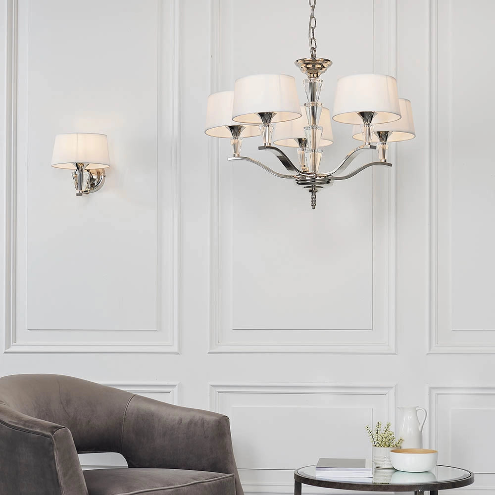 Lampadario 5 luci paralumi bianchi cromato cristalli E14