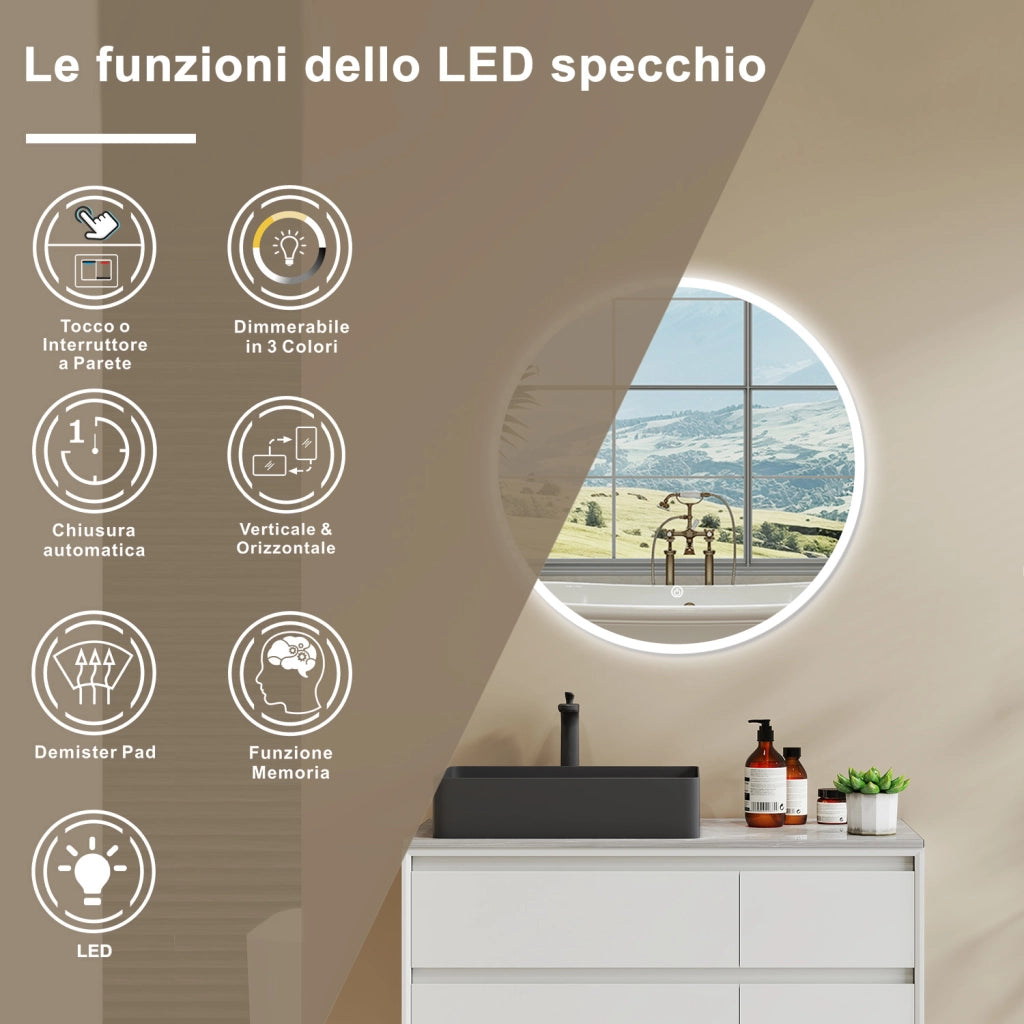 AICA Specchio Da Bagno Rotondo Da 60cm con LED, Antiappannamento, 3 Temperature Colore