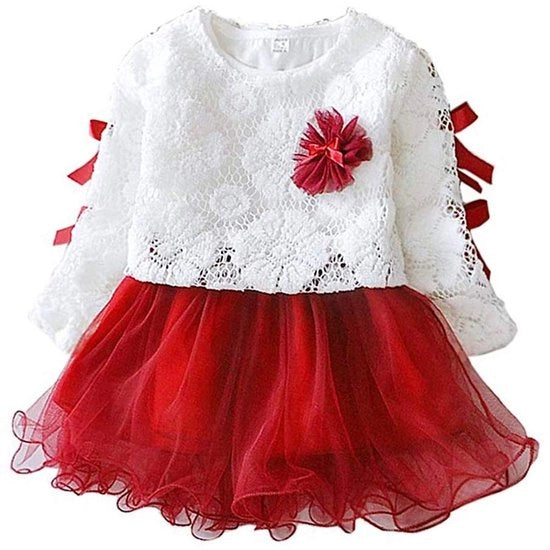 Abito da Festa per Bambine - Tela Cotonica/Poliester - Manica Lunga - Maglia a Coda di Cavallo - Decorazione a Fiore con Bordatura - Respira e Leggero - Adatto per Eventi Speciali